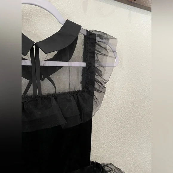 Zara Wednesday Adam’s Black Dress Tule Ruffle Victorian Peter Pan Collar - Picture 4 of 8